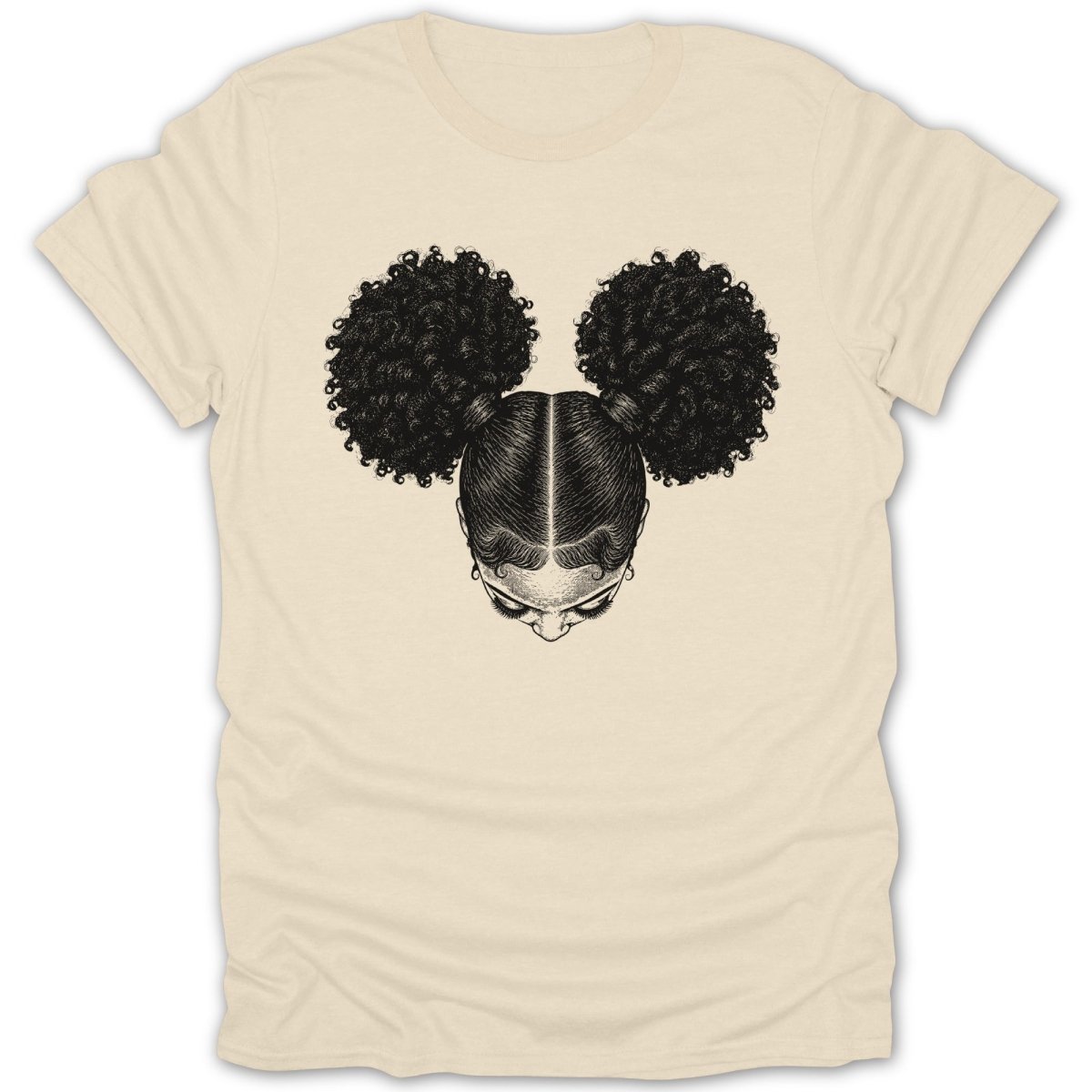 Illustration of a person's head with curly pigtail buns on a cream t-shirt.
