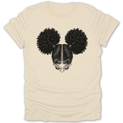Illustration of a person's head with curly pigtail buns on a cream t-shirt.