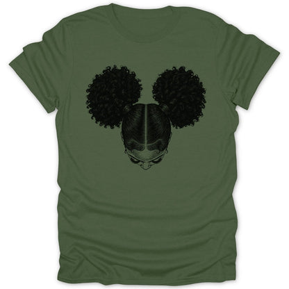 Green t-shirt with black line art of a girl's head with afro puffs.