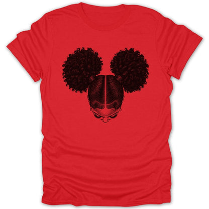 Red t-shirt with black line art of a woman's head with two afro puffs.