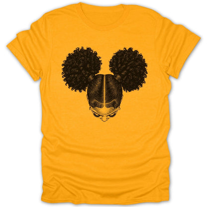 Yellow t-shirt with a black sketch of a woman's head with afro puffs.