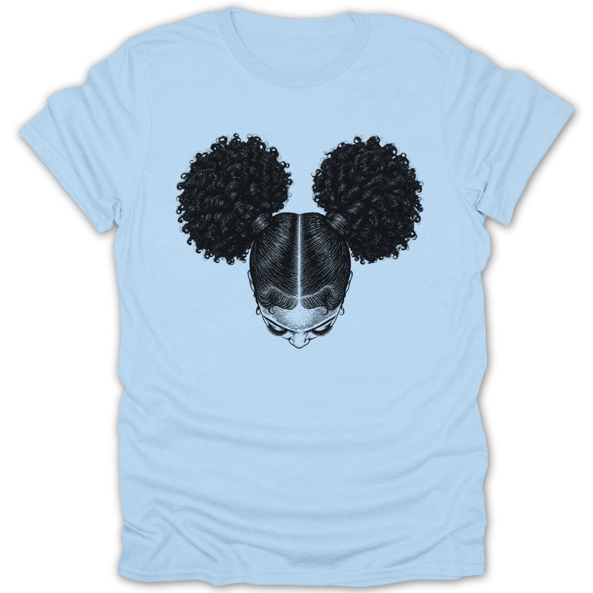 Light blue t-shirt with a black ink illustration of a girl's head with two afro puffs.