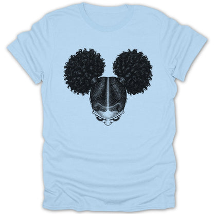 Light blue t-shirt with a black ink illustration of a girl's head with two afro puffs.