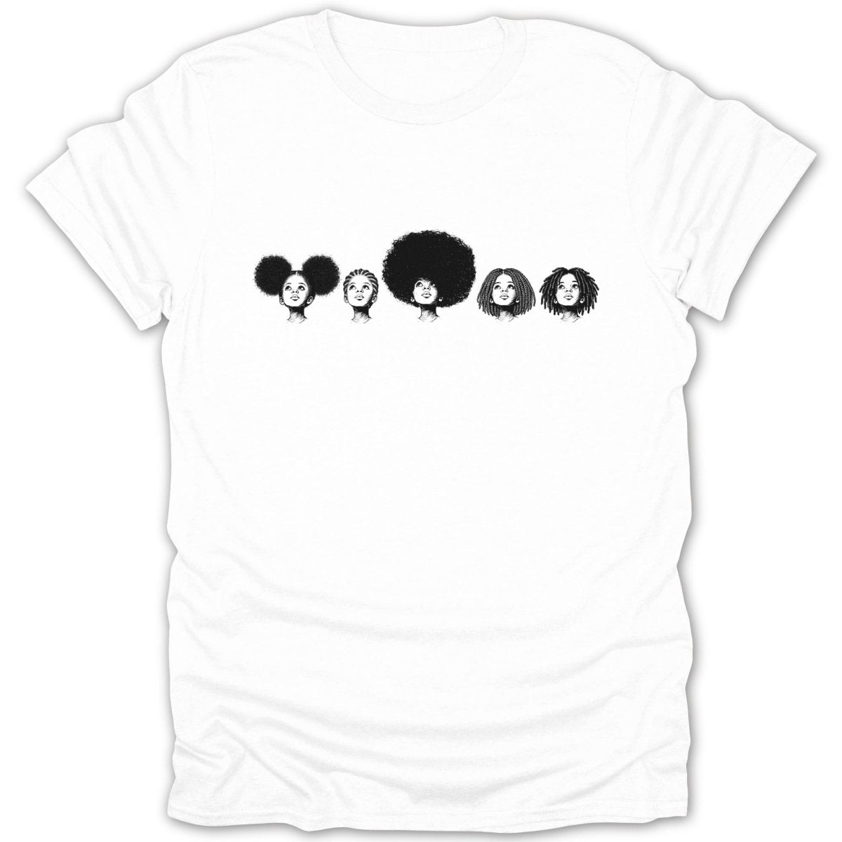Five black and white illustrations of women's heads with different hairstyles on a white t-shirt.