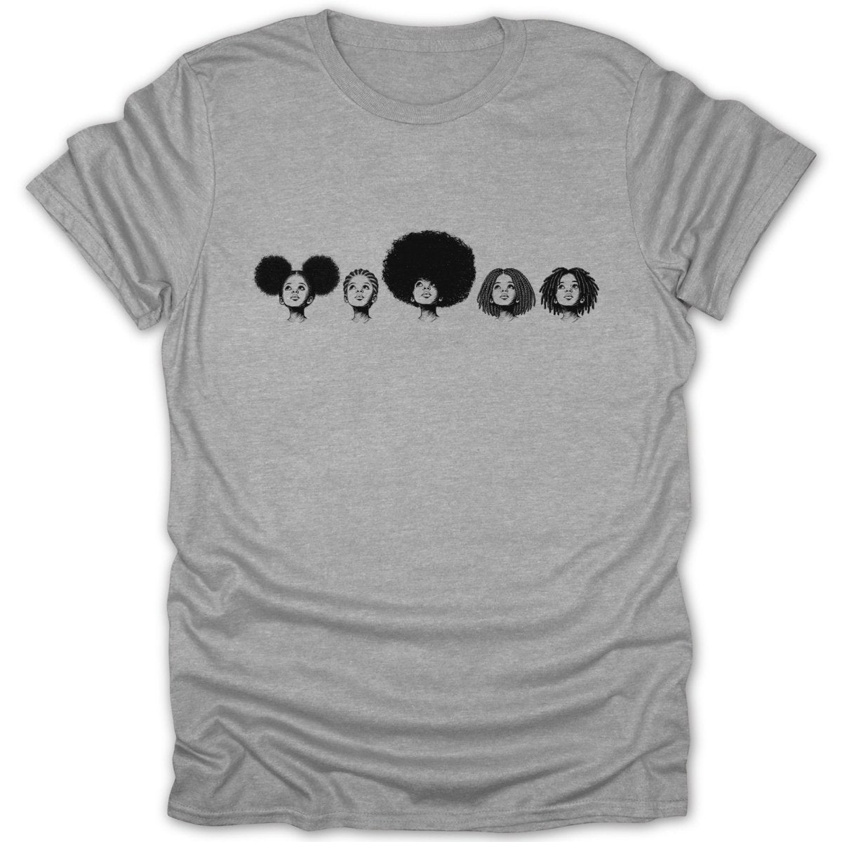 Black and white illustration of five women's faces with different hairstyles on a gray t-shirt.