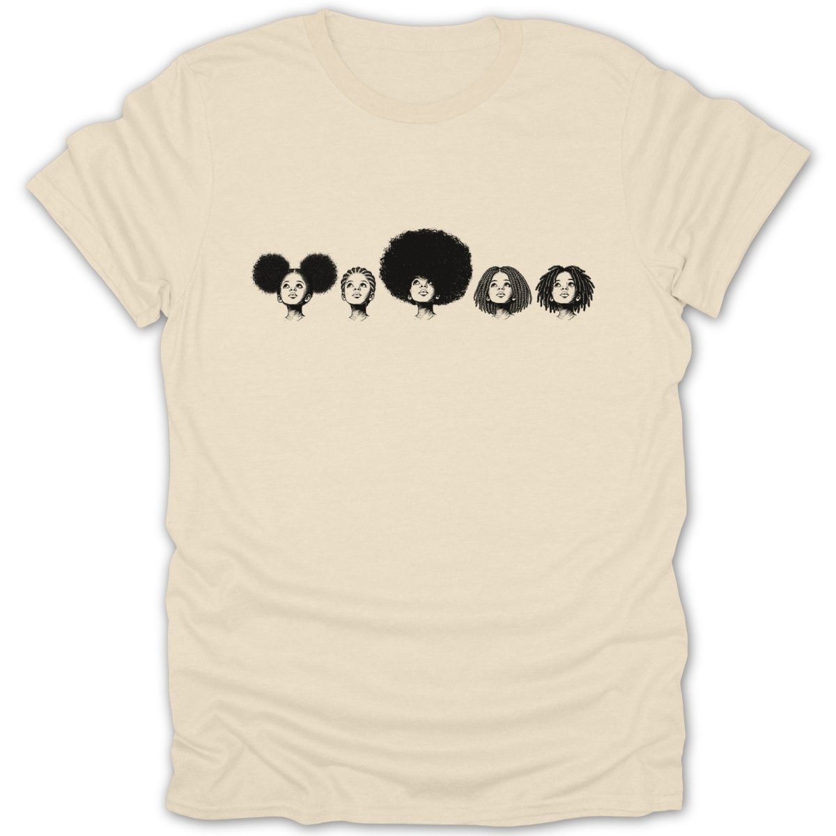 T-shirt with line drawing of five women's hairstyles.