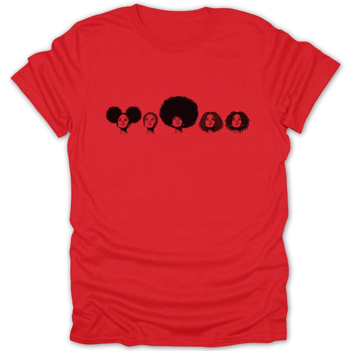 Red t-shirt with five black silhouettes of women's heads with diverse hairstyles.