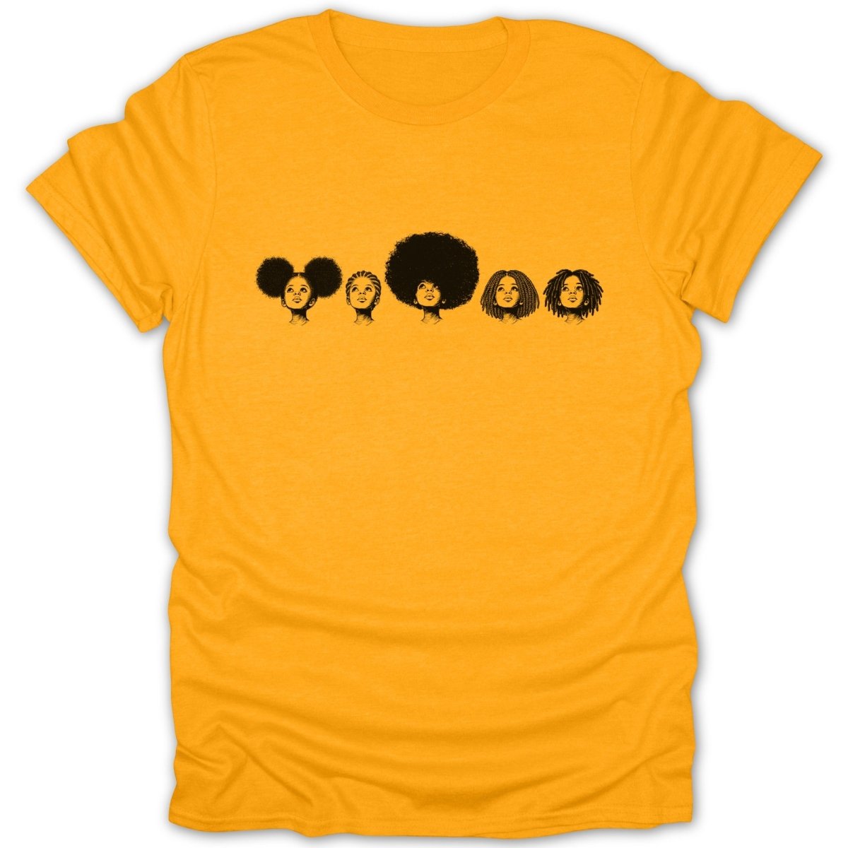 T-shirt with stylized drawings of diverse Black women's hairstyles.
