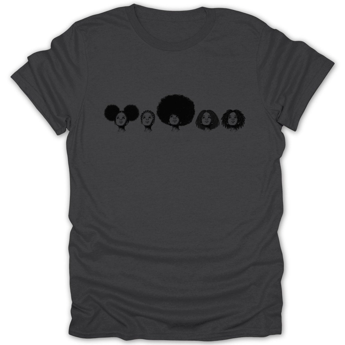 T-shirt with graphic of five diverse Black women's hairstyles in sketch.