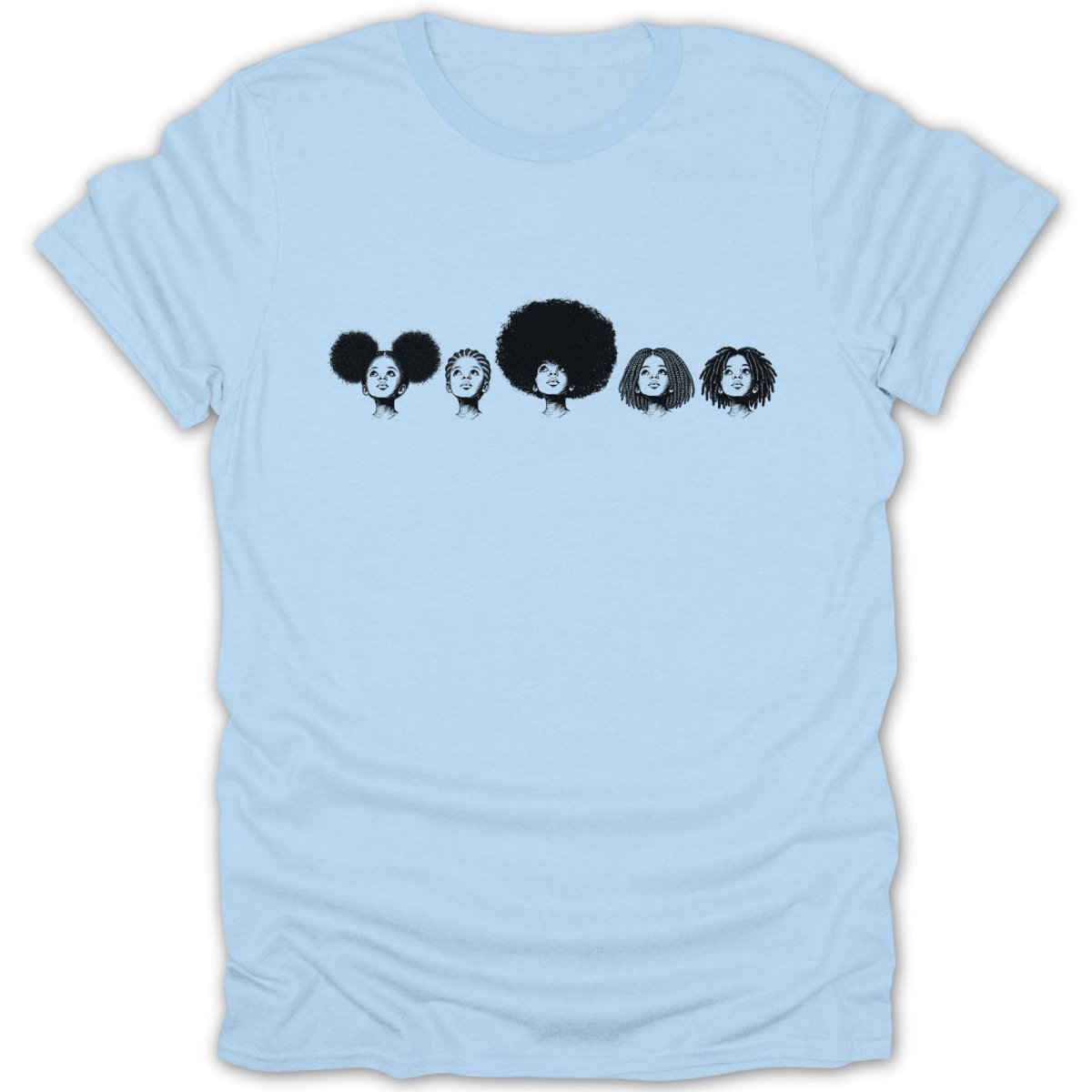 Light blue t-shirt with black line art of five women's heads with natural hairstyles.