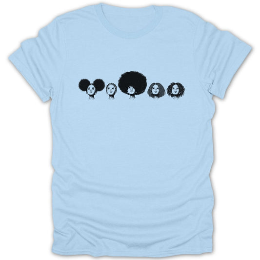 Light blue t-shirt with black line art of five women's heads with natural hairstyles.