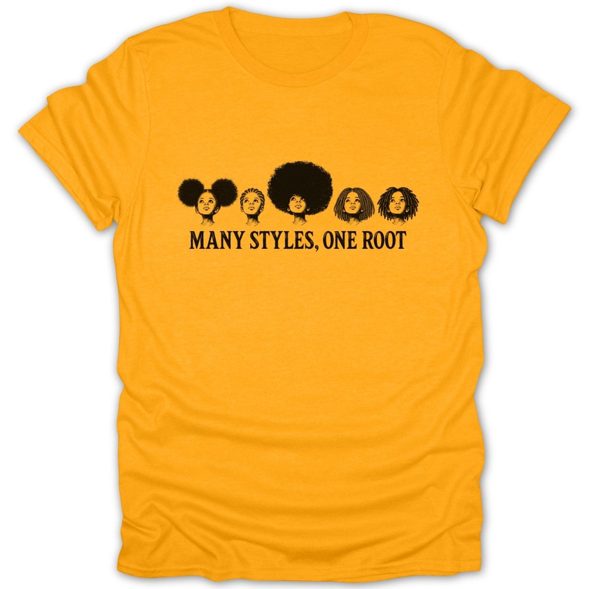 T-shirt with text "MANY STYLES, ONE ROOT" and black illustrations of diverse hairstyles.