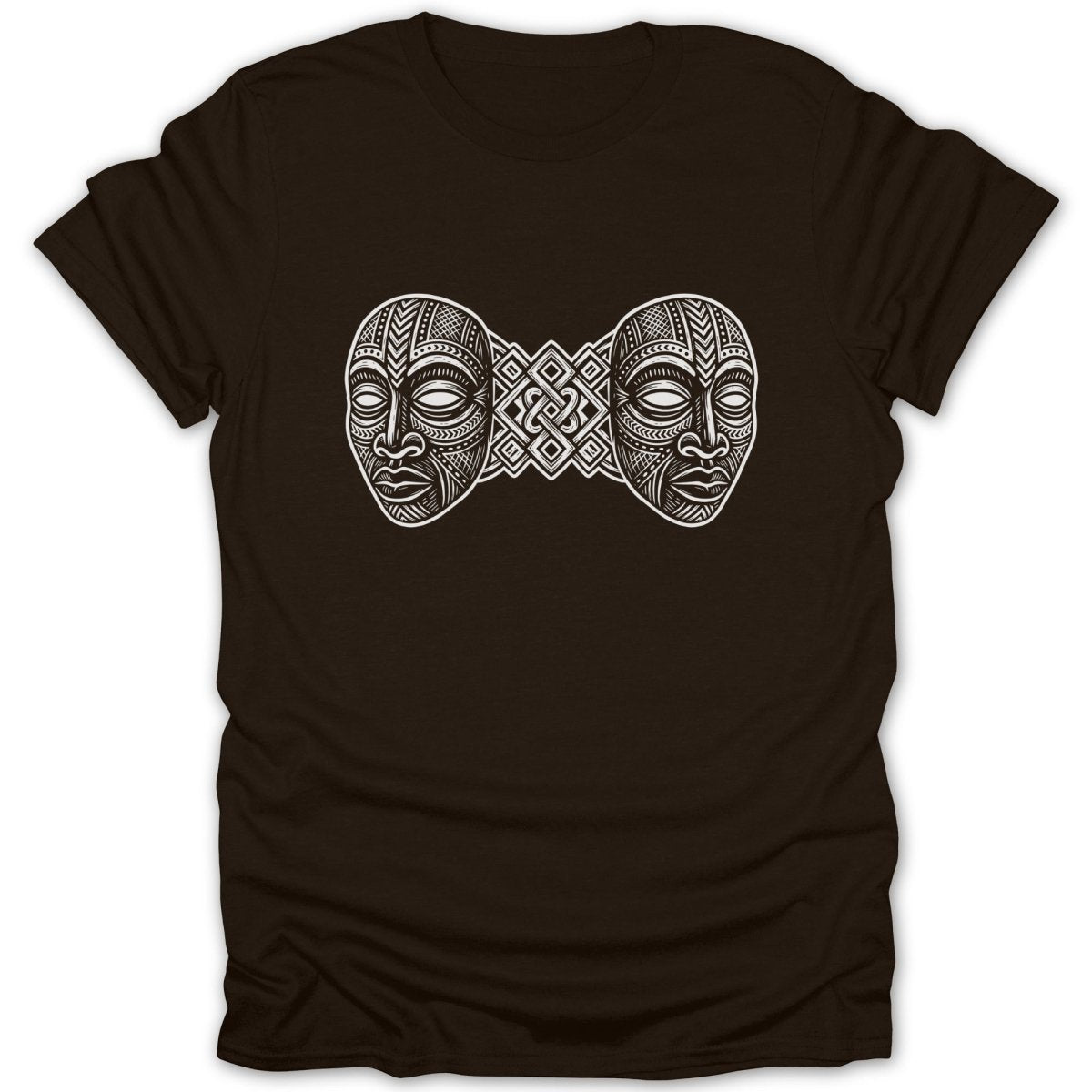 Two stylized African masks facing outwards on a dark brown t-shirt.