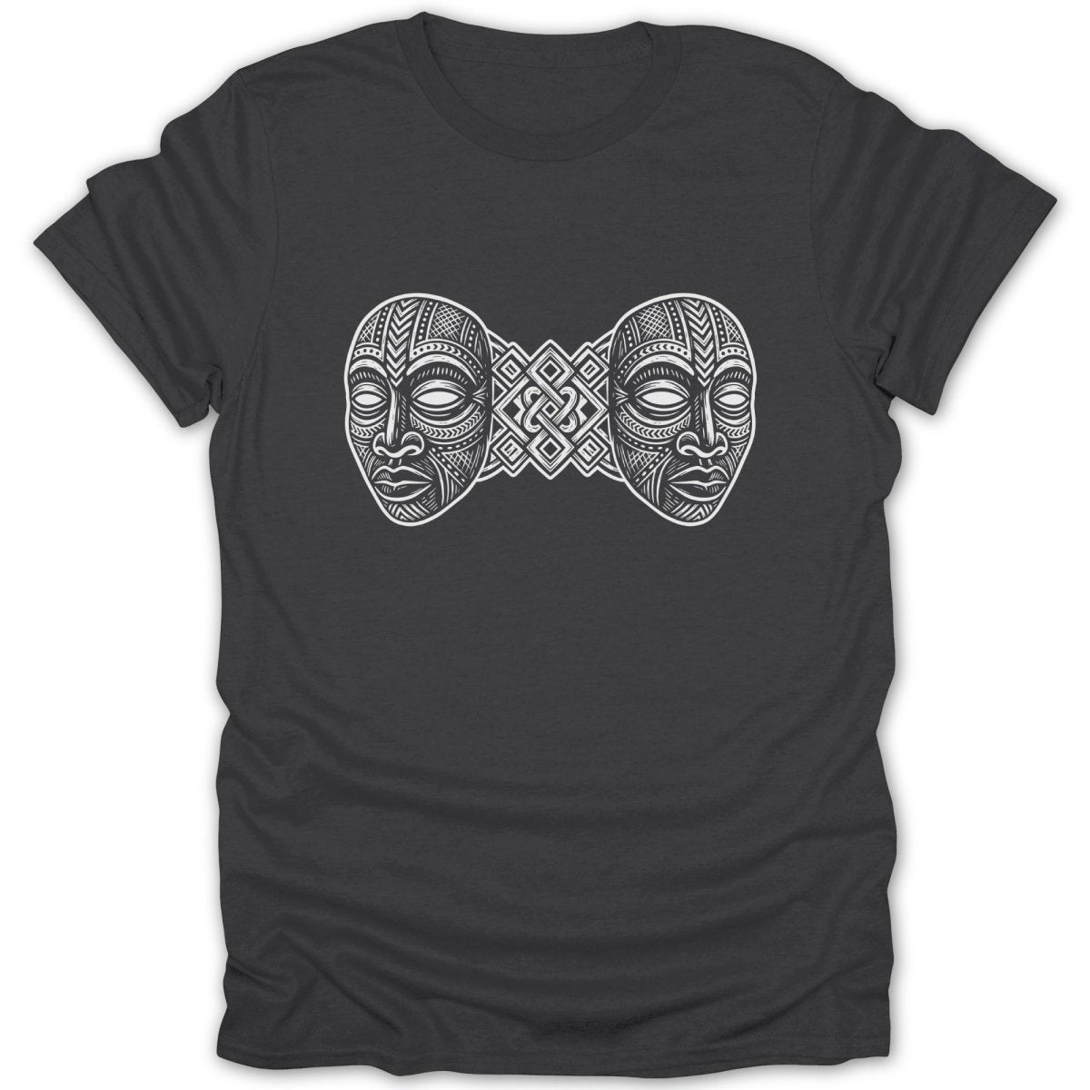 Black t-shirt featuring a symmetrical geometric pattern with two tribal masks.