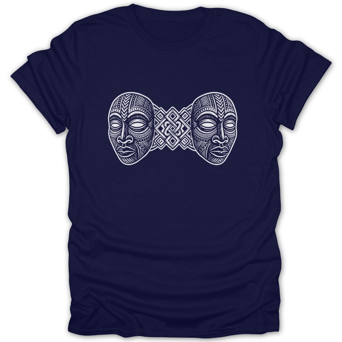 Navy t-shirt with a symmetrical design of two stylized faces connected by geometric patterns.