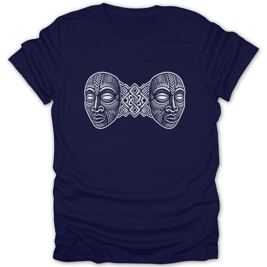 Navy t-shirt with a symmetrical design of two stylized faces connected by geometric patterns.