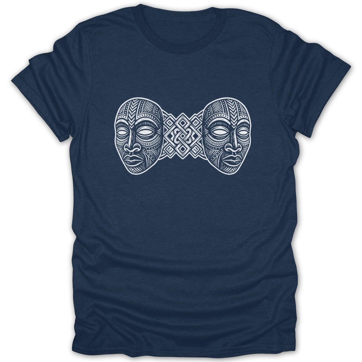 Navy t-shirt with geometric tribal mask design on front.
