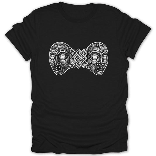 Black t-shirt with abstract white tribal mask design featuring two faces.