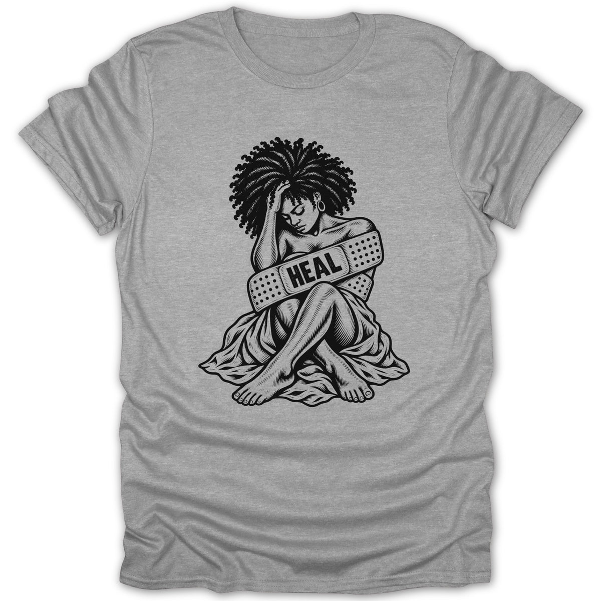 Black and white illustration of a woman with afro hair and a band-aid across her chest reading "HEAL".