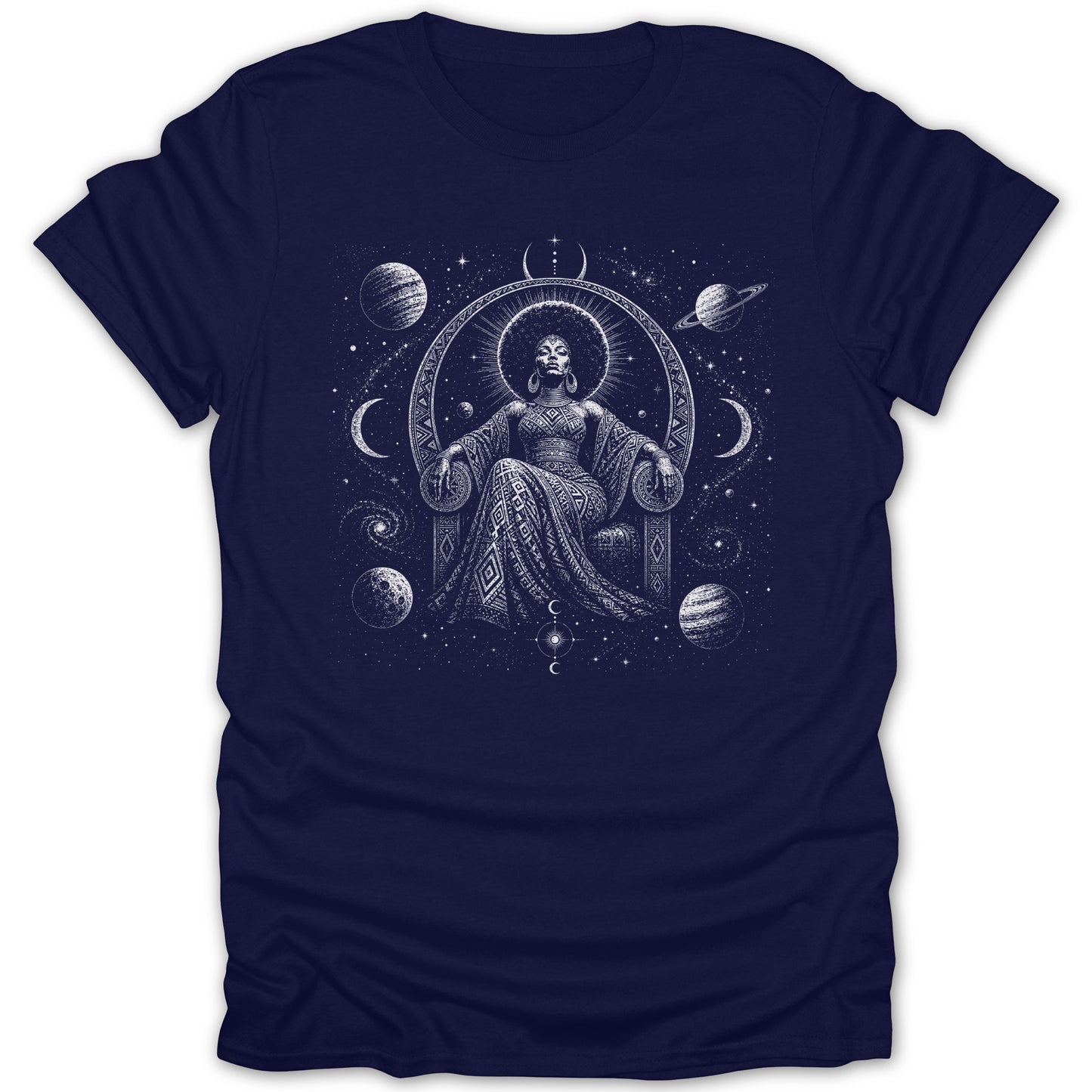 Woman on a throne in a celestial scene with planets and stars.