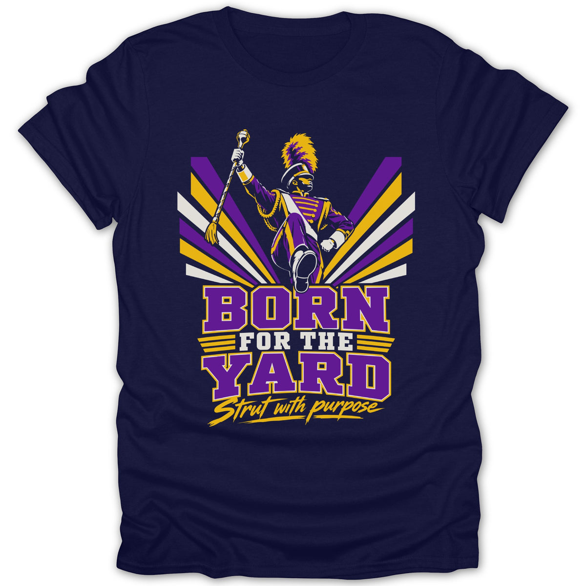 Navy t-shirt with marching band drum major graphic and text "BORN FOR THE YARD".