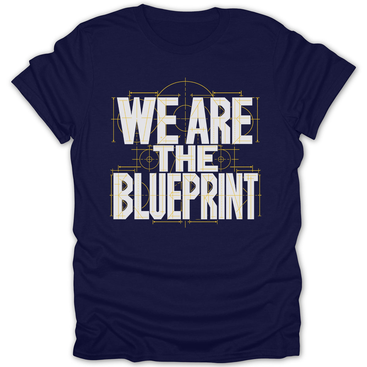 Navy t-shirt with white text "WE ARE THE BLUEPRINT" in blueprint style.