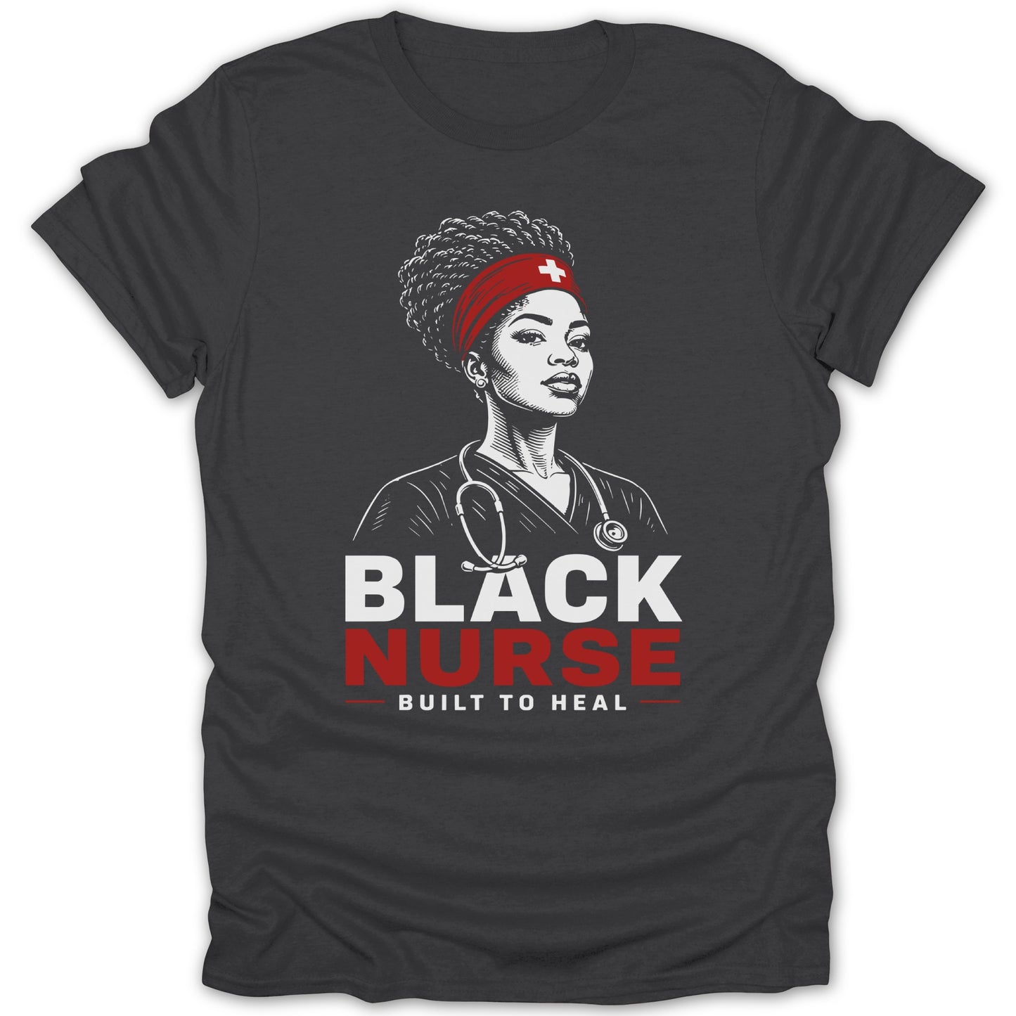 Black nurse illustration with stethoscope, red bandana, and text "Built to Heal".