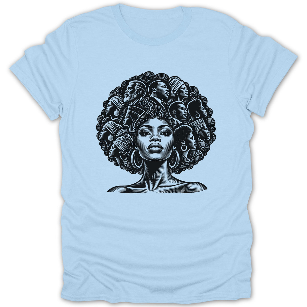 Black and white illustration of many Black faces within a large Afro hairstyle.