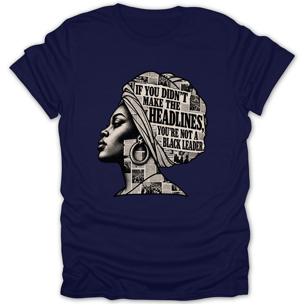 T-shirt graphic of a woman's profile filled with newspaper clippings and text.