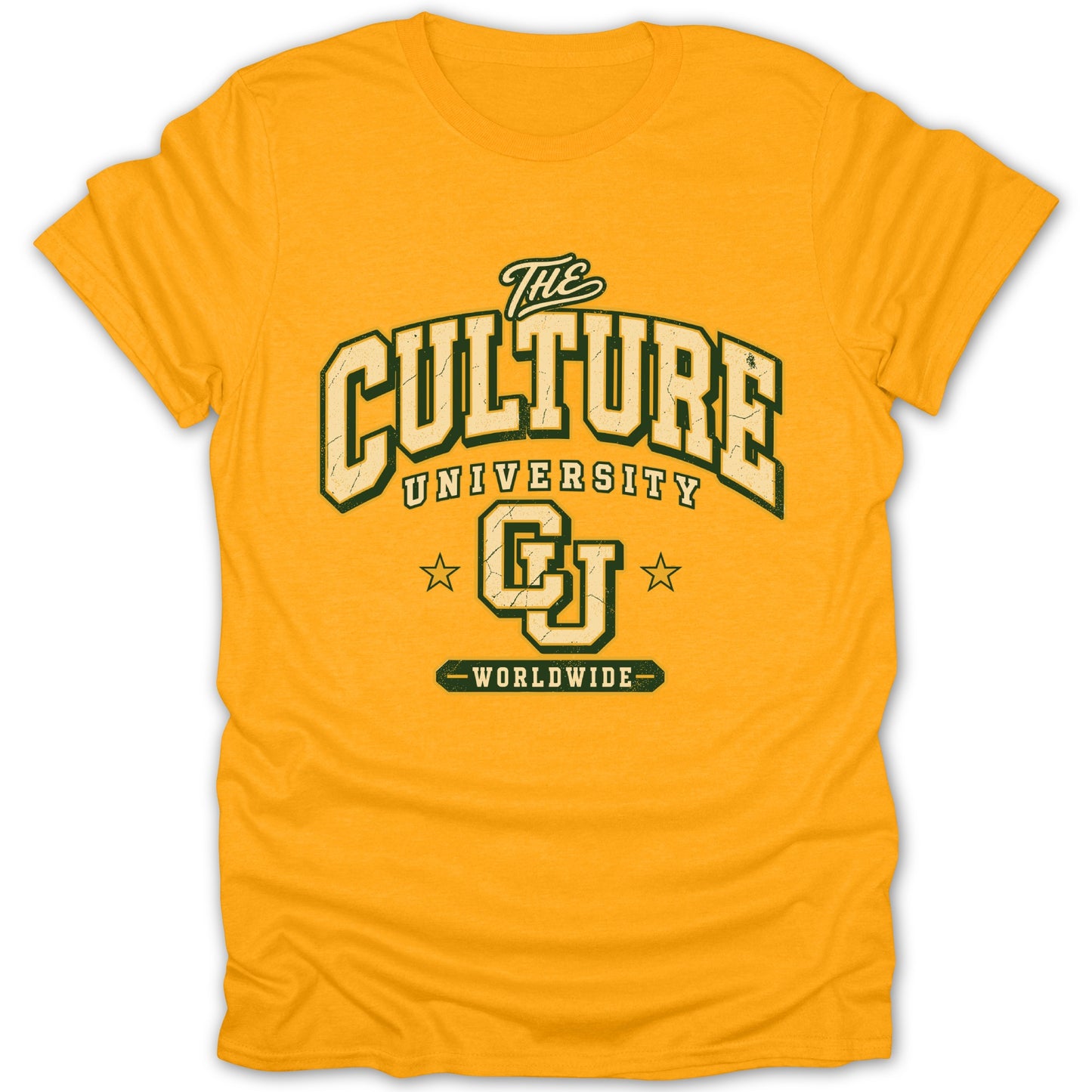 Gold t-shirt with "The Culture University CU Worldwide" graphic.
