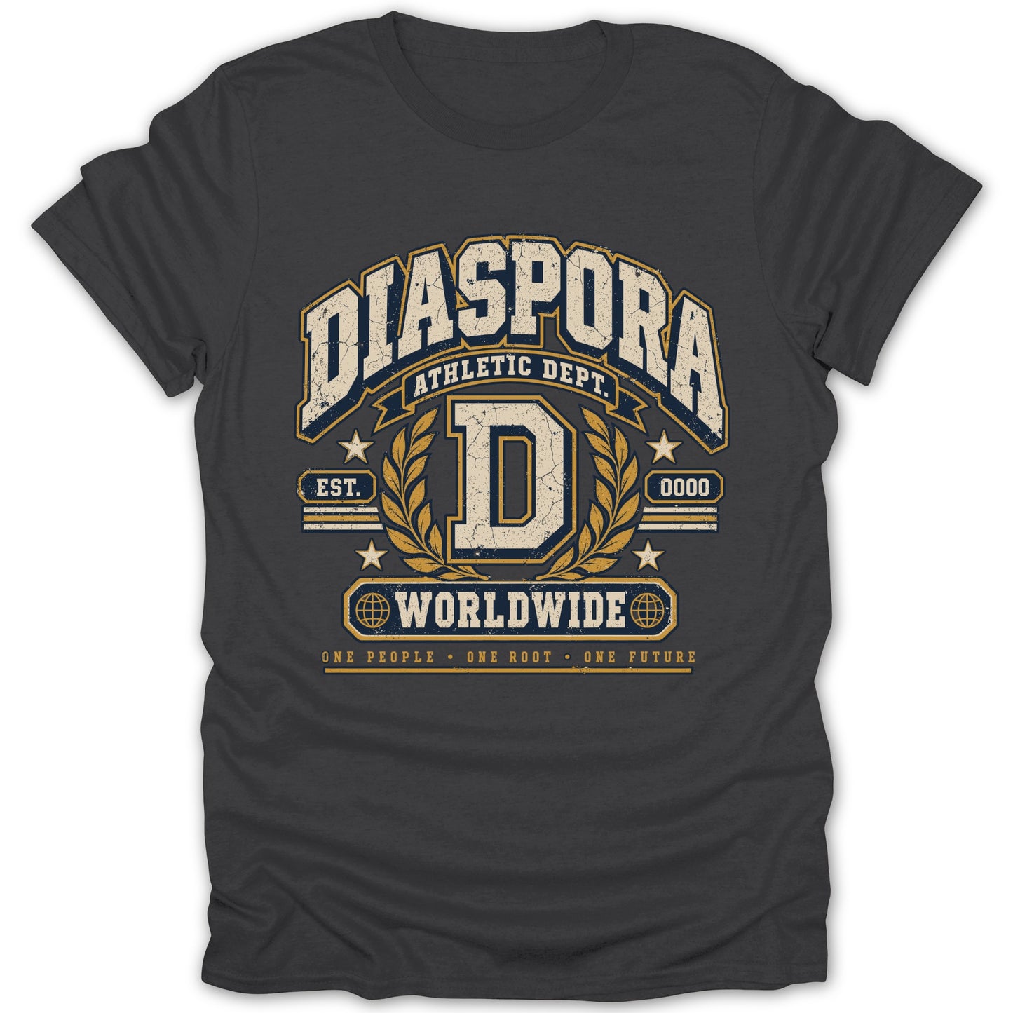 Dark grey t-shirt with "DIASPORA ATHLETIC DEPT." and a large "D".