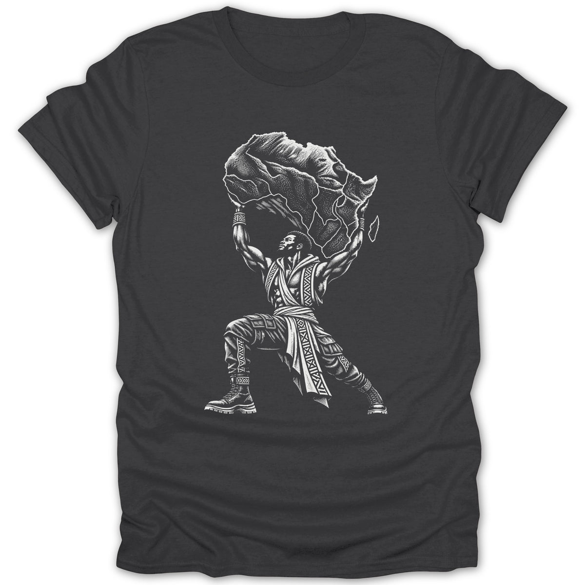 Black t-shirt with a white illustration of a man holding up the continent of Africa.