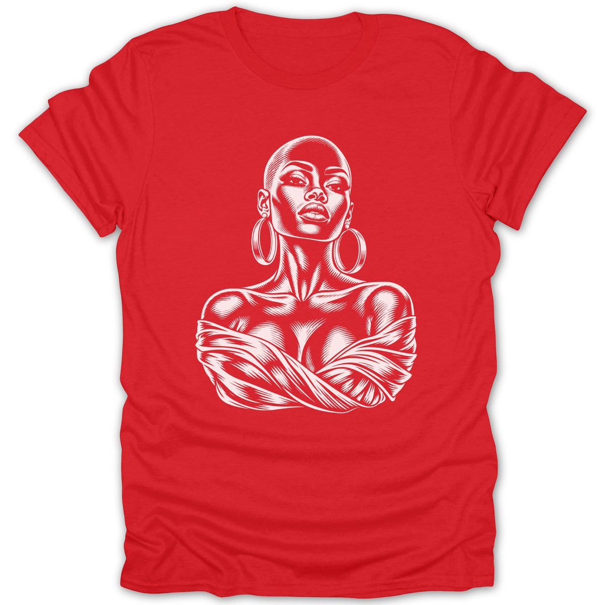 Red t-shirt with white line art of a bald woman wearing hoop earrings.