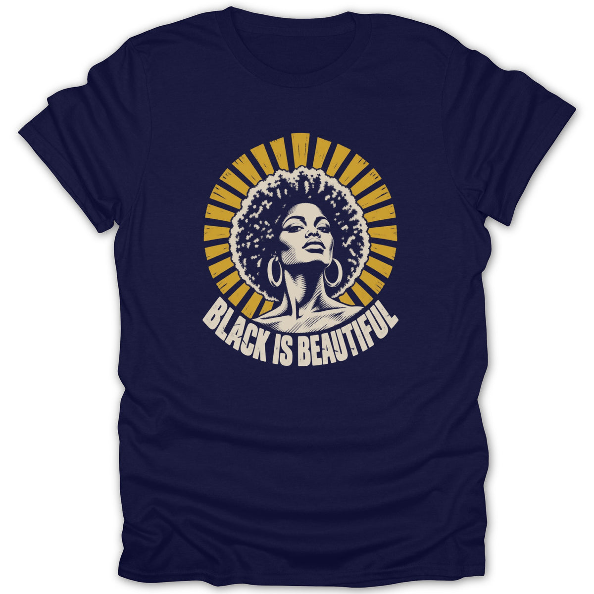 Navy blue t-shirt with a graphic of a Black woman, a sunburst, and the text Black Is Beautiful.