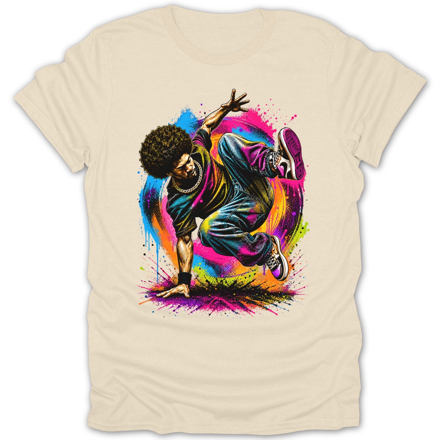 Breakdancer with afro hair in colorful paint splash, performing a power move.