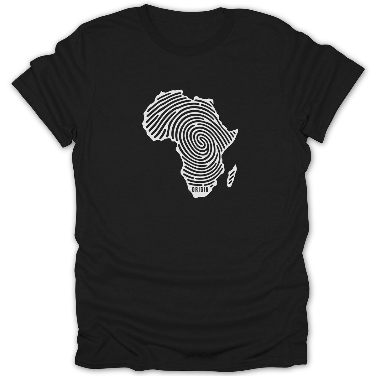 Black crewneck t-shirt featuring a white graphic of the African continent patterned as a fingerprint.