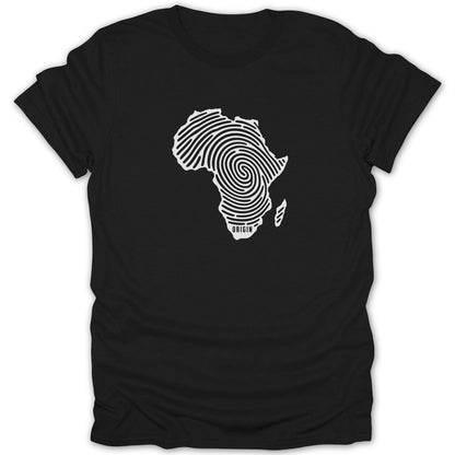 Black crewneck t-shirt featuring a white graphic of the African continent patterned as a fingerprint.