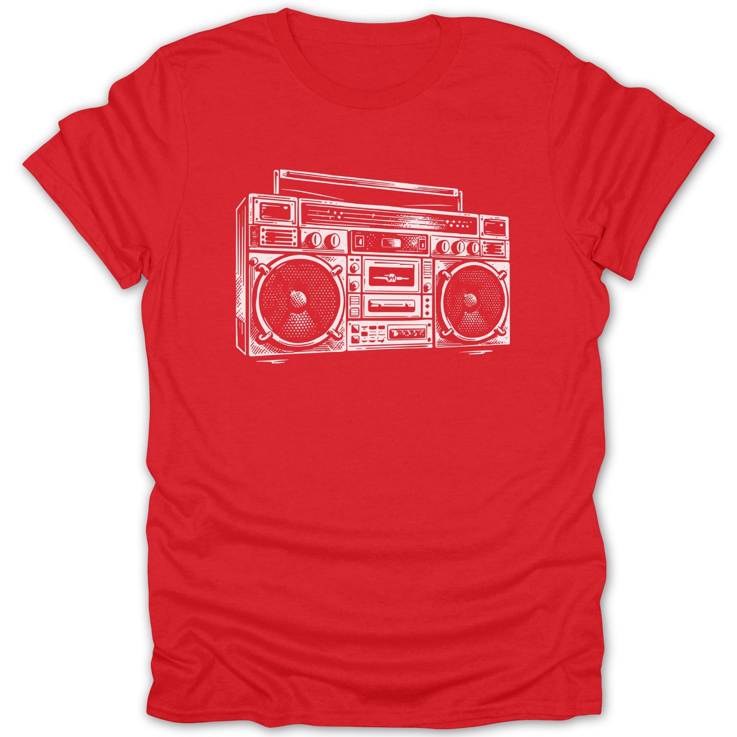 Red t-shirt with a white line drawing of a vintage boombox.
