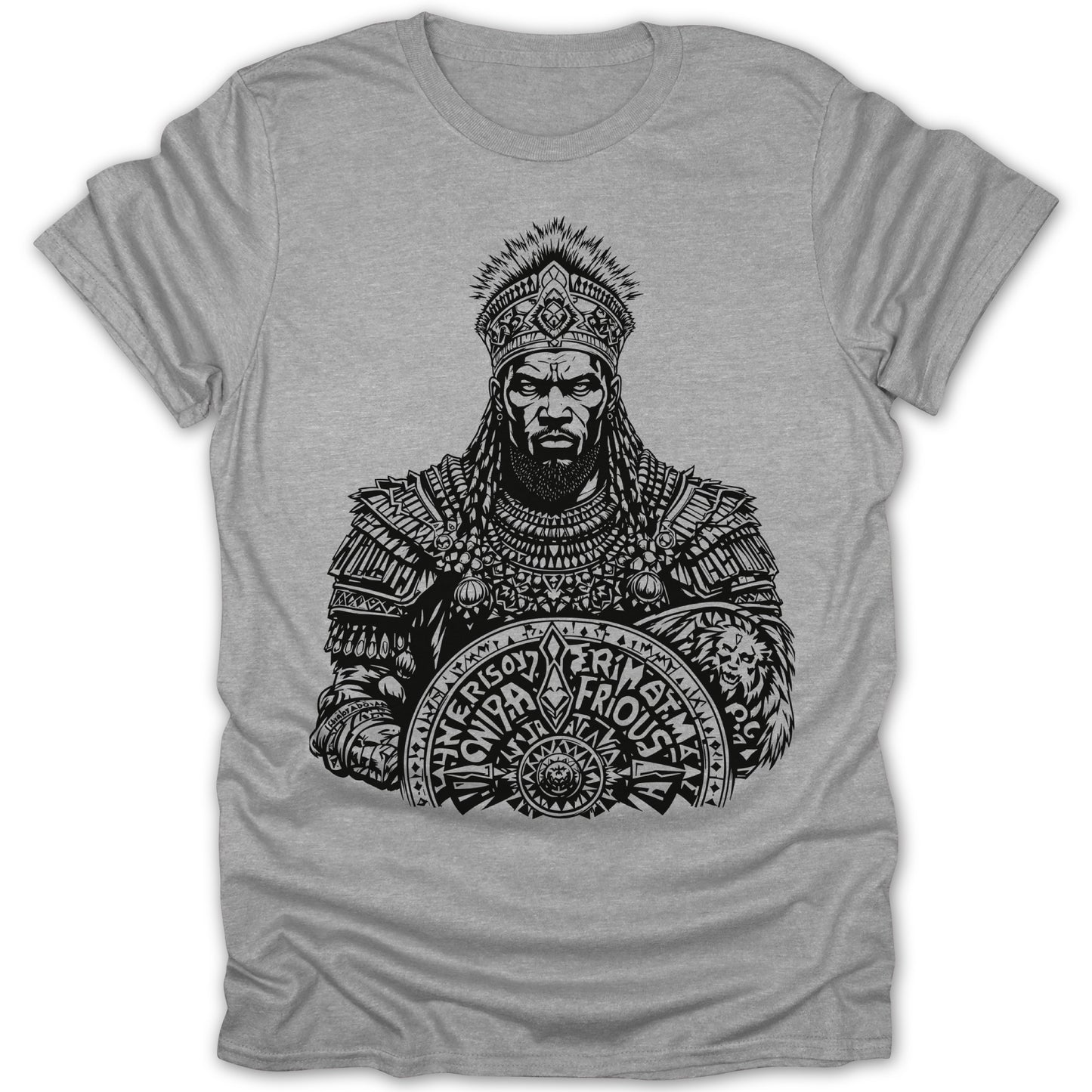 Black and white linework of a warrior king wearing a crown, armor, and holding a shield with text.