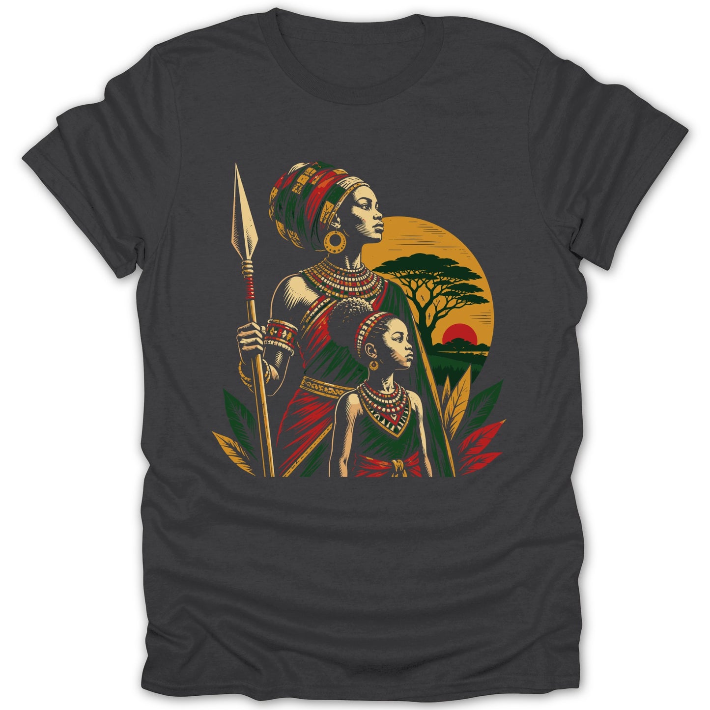 Mother and child warriors with spear, set against African savanna sunset.
