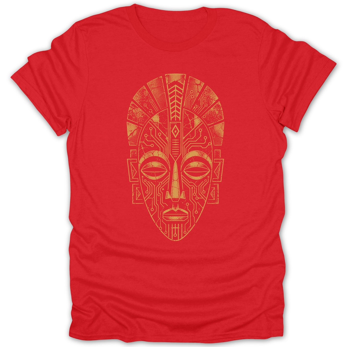 Red t-shirt with a gold, circuit board inspired tribal mask design.