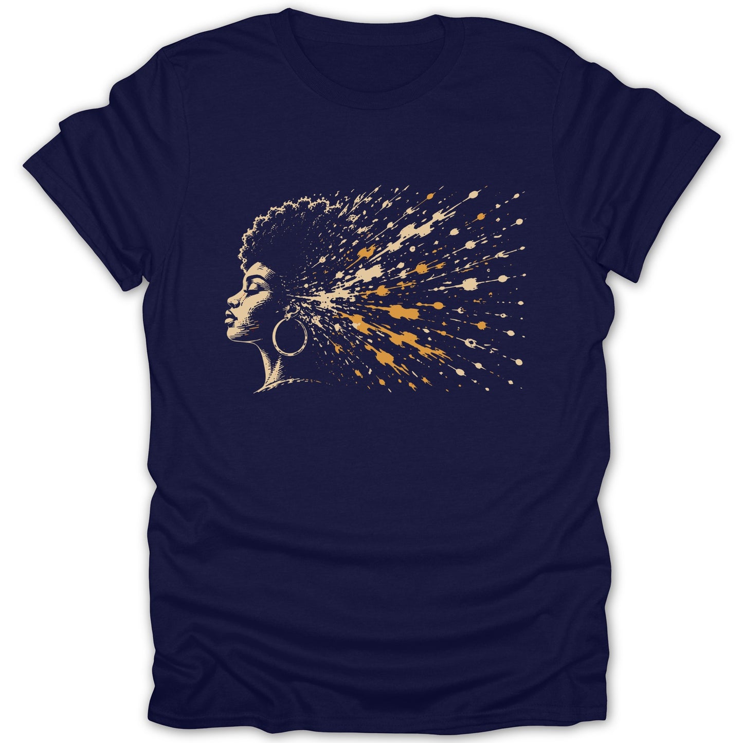 Dark blue t-shirt featuring a line drawing of a woman's profile with exploding hair.