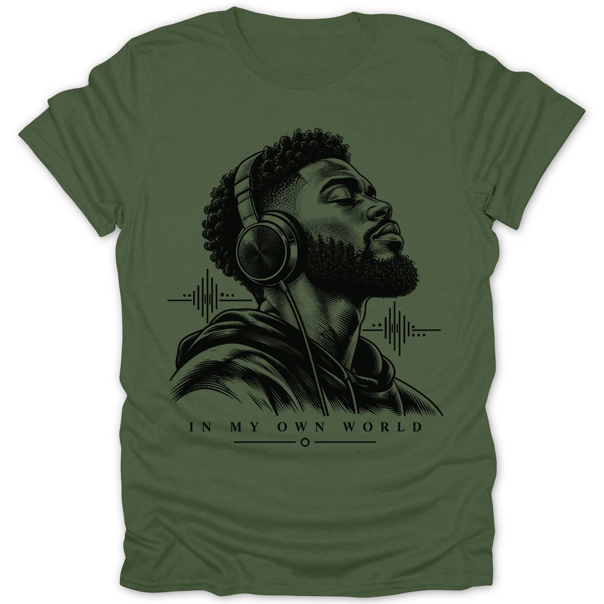 Black ink illustration of a man with headphones on a green t-shirt.