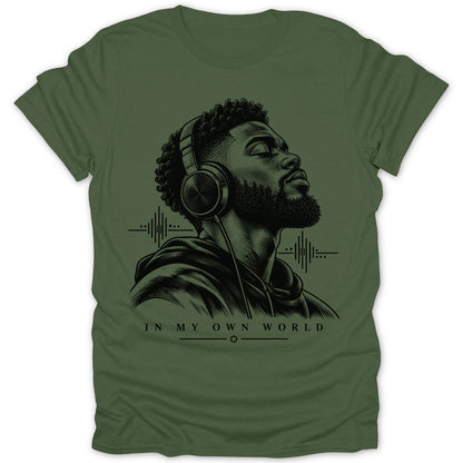 Black ink illustration of a man with headphones on a green t-shirt.