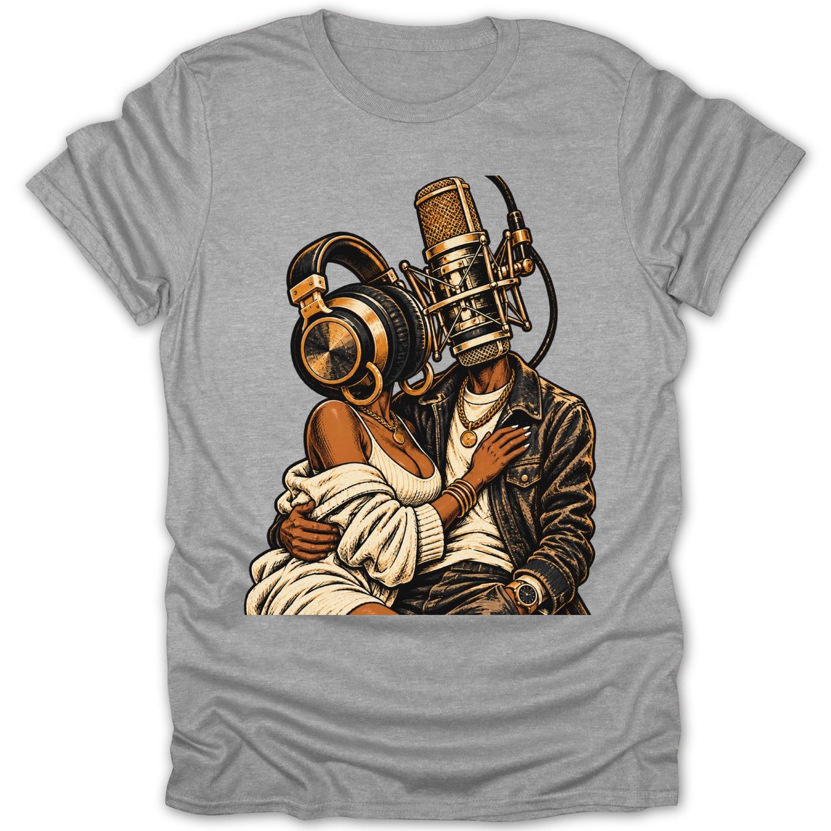 Illustration of a couple embracing with microphone and headphones for heads.