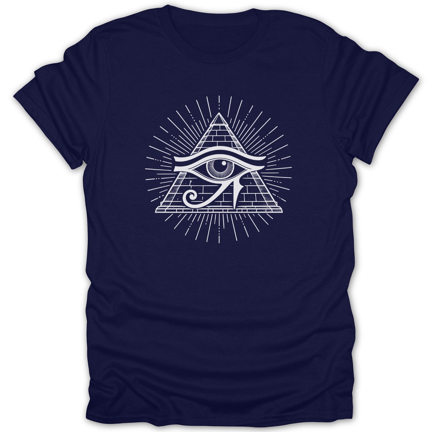 Navy t-shirt with a white Eye of Horus pyramid graphic and sun rays.