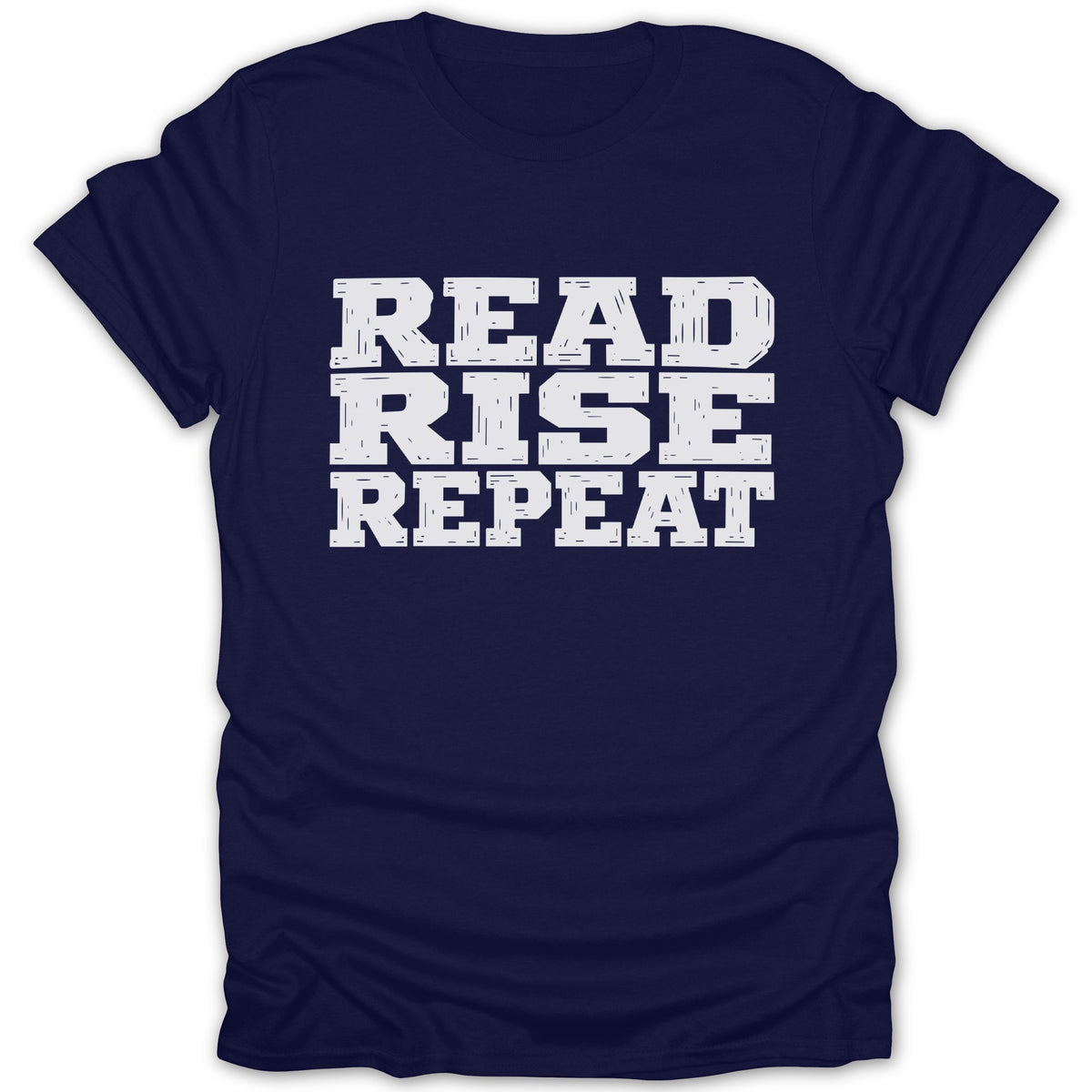 Navy t-shirt with white text reading "READ RISE REPEAT"