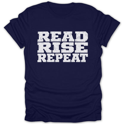 Navy t-shirt with white text reading "READ RISE REPEAT"