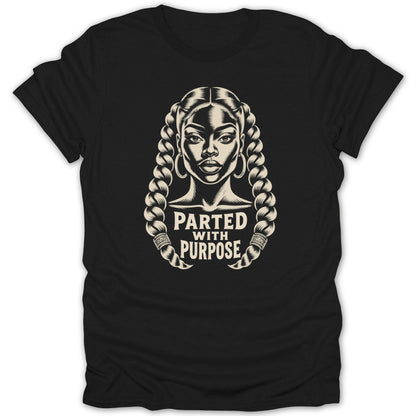 Black t-shirt featuring a retro graphic of a woman with braided hair and the text PARTED WITH PURPOSE.