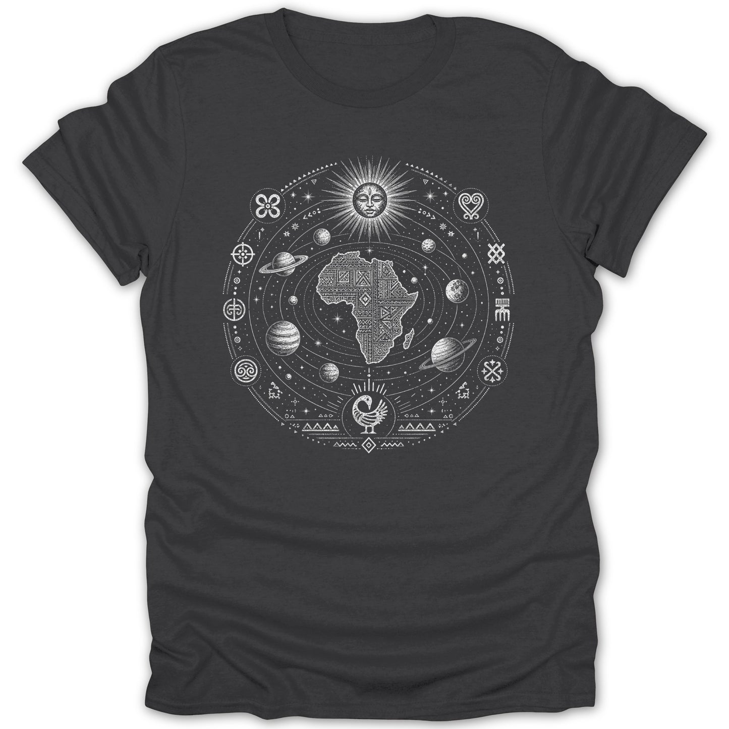 Dark t-shirt with a circular design featuring Africa, planets, sun, and Adinkra symbols.